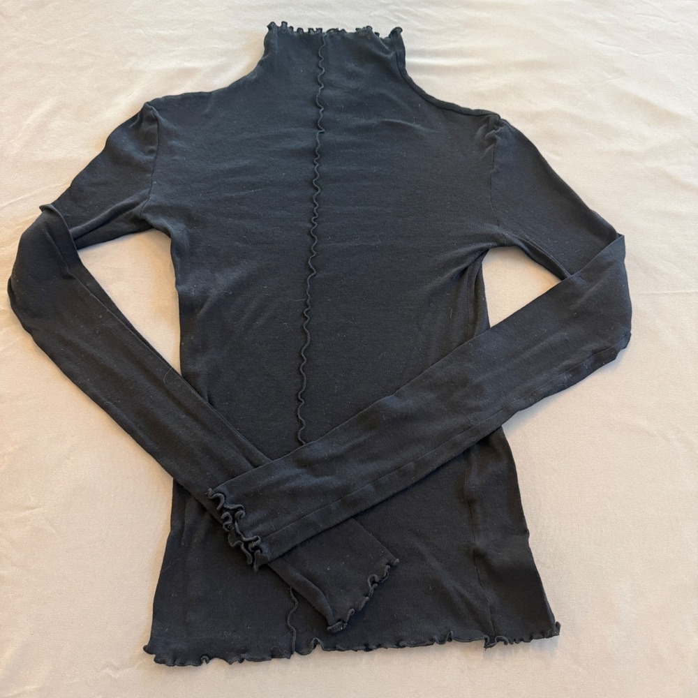 Zara Womens Black Lettuce Edge Mock Neck Long Sleeve Ribbed Top Exposed Seam S